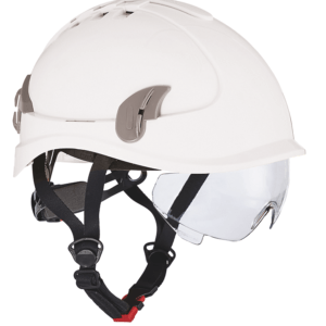 Alpinworker sikkerhedshjelm hvid med integreret hjelmbrille & 6-punktsophængt indtræk. EN 397