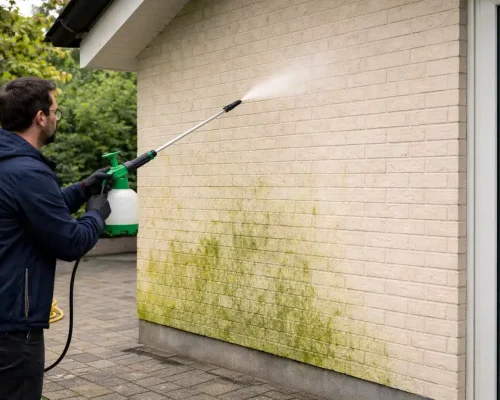 Algebehandling af algeplaget facade med algefjerner