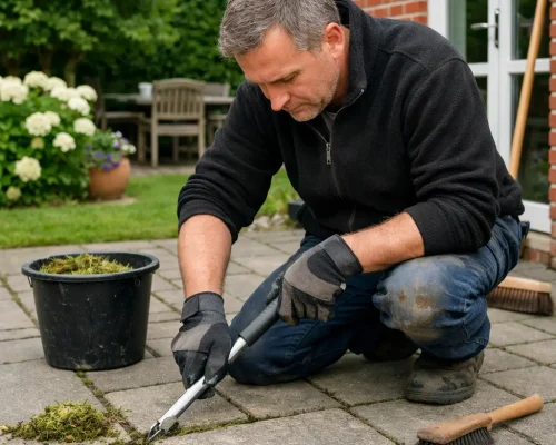 Fjernelse af mos mellem fliser