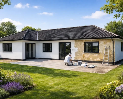 Hus før maling af facaden