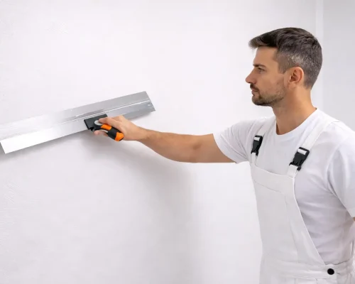 Maler i gang med spartel af vægge – fuldspartling af væg næsten færdigt