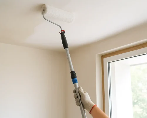 Malerrulle køres på loft i forbindelse med malerarbejde