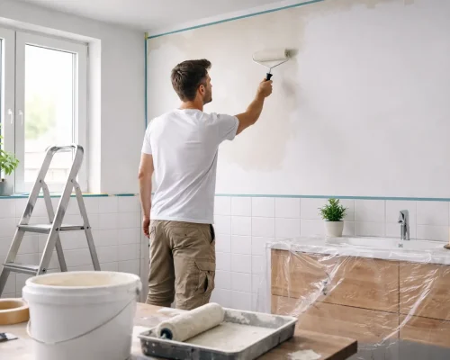 Person i gang med maling af badeværelse