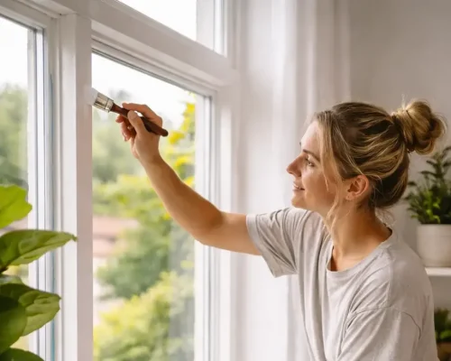kvinde i gang med at male vinduesramme indendørs