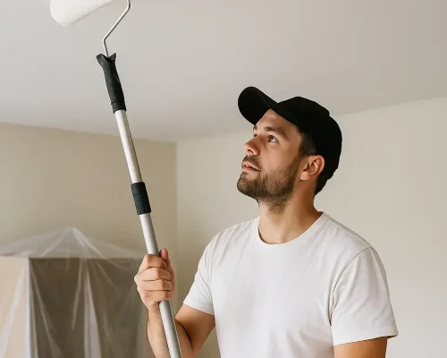 Mand er i gang med maling af loft i sin lejlighed