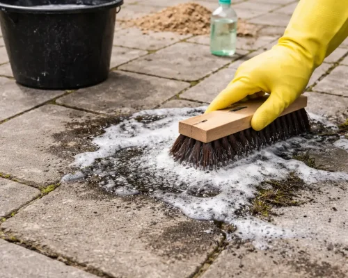Fjernelse af olieplet på flise med sikkerhedshandske og børste