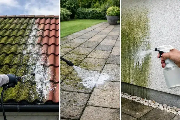 tredelt billede med algebehandling af tag - algebehandling af fliser og algebehandling af facade